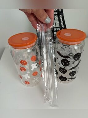 Halloween Glass Drink Jars with Orange Lids (Set of 2)